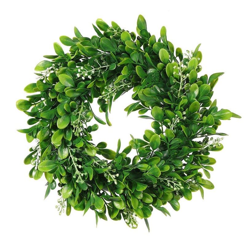 LSKYTOP 11" Boxwood Wreath with Artificial Wreath Green Leaves Door Wall Window Decoration - Image 1